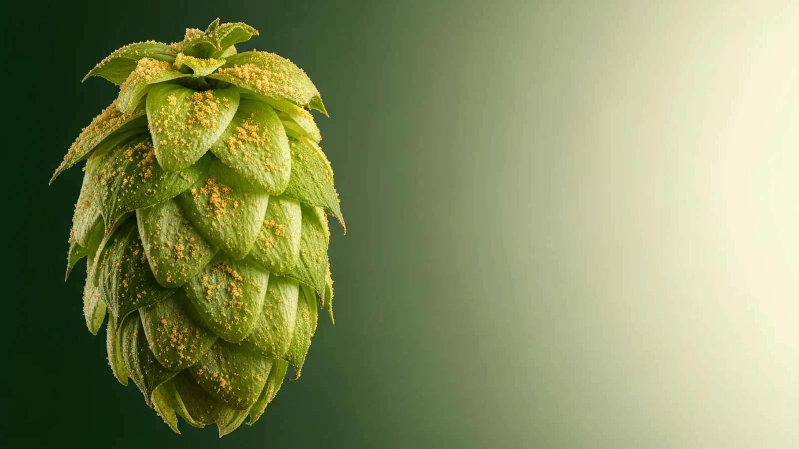 A fresh green hop cone dusted with golden lupulin